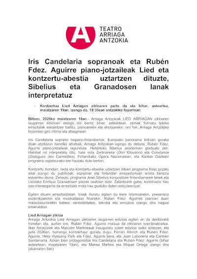 Iris Candelaria y Rubén Fernández Aguirre interpretan obras de Sibelius y Granados
