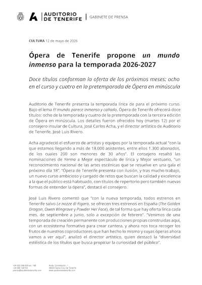 Ópera de Tenerife presenta su temporada 2026-2027 Ópera de Tenerife presenta su temporada 2026-2027