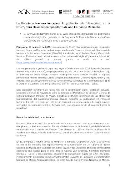 “Jesucristo en la Cruz” de Fernando Remacha entra en la Fonoteca Navarra