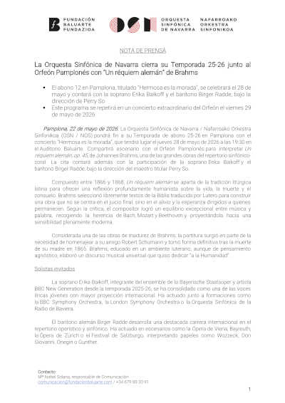 La Orquesta Sinfónica de Navarra y el Orfeón Pamplonés cierran temporada con el Réquiem alemán de Brahms La Orquesta Sinfónica de Navarra y el Orfeón Pamplonés cierran temporada con el Réquiem alemán de Brahms