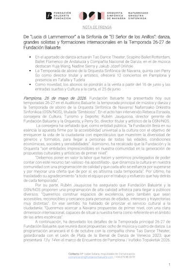 Fundación Baluarte presenta su temporada 2026-2027 con Yuja Wang, Nadine Sierra y Lucia di Lammermoor Fundación Baluarte presenta su temporada 2026-2027 con Yuja Wang, Nadine Sierra y Lucia di Lammermoor