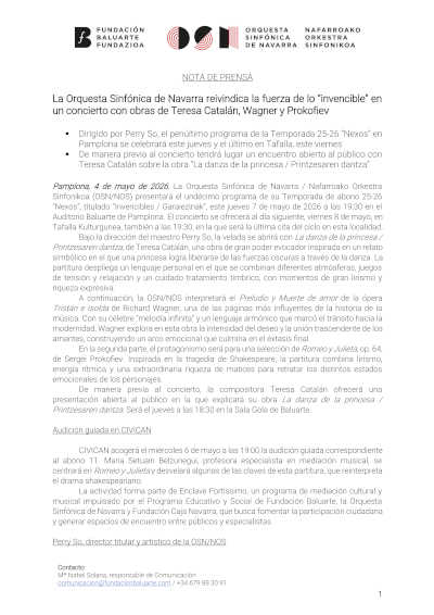 La Orquesta Sinfónica de Navarra reivindica la fuerza de lo “invencible” con obras de Catalán, Wagner y Prokofiev