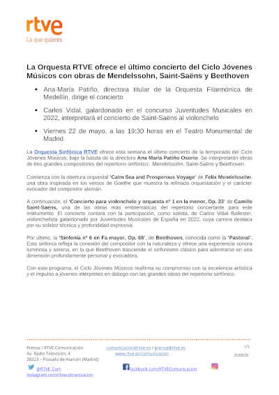 La Orquesta RTVE ofrece el último concierto del Ciclo Jóvenes Músicos La Orquesta RTVE ofrece el último concierto del Ciclo Jóvenes Músicos