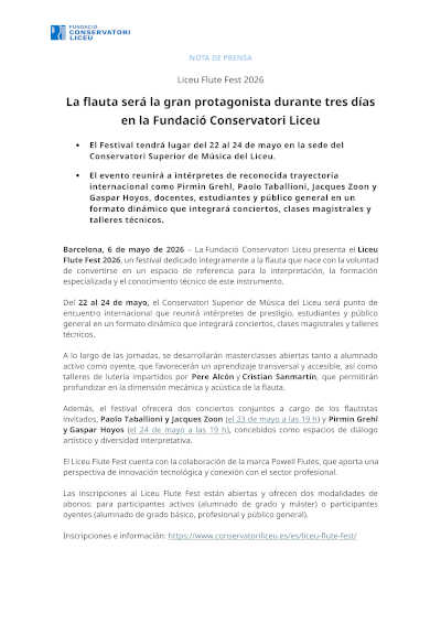Liceu Flute Fest 2026, donde la flauta será la gran protagonista en Fundació Conservatori Liceu