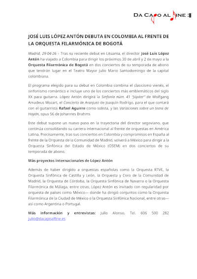 José Luis López Antón debuta en Colombia al frente de la Orquesta Filarmónica de Bogotá