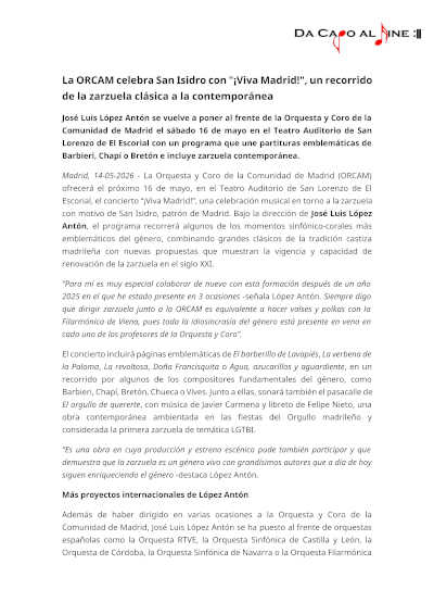 La ORCAM celebra San Isidro con «¡Viva Madrid!», un recorrido de la zarzuela clásica a la contemporánea La ORCAM celebra San Isidro con «¡Viva Madrid!», un recorrido de la zarzuela clásica a la contemporánea