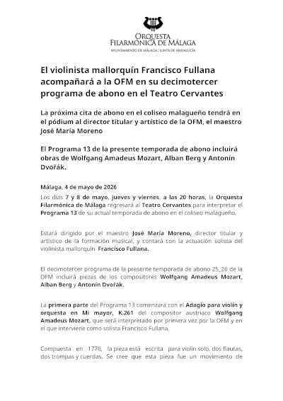 Francisco Fullana acompañará a la OFM en su decimotercer programa de abono