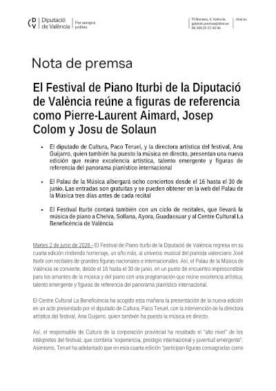 Festival de Piano Iturbi 2026: Aimard, Colom, Josu de Solaun y Avdeeva en Valencia Festival de Piano Iturbi 2026: Aimard, Colom, Josu de Solaun y Avdeeva en Valencia