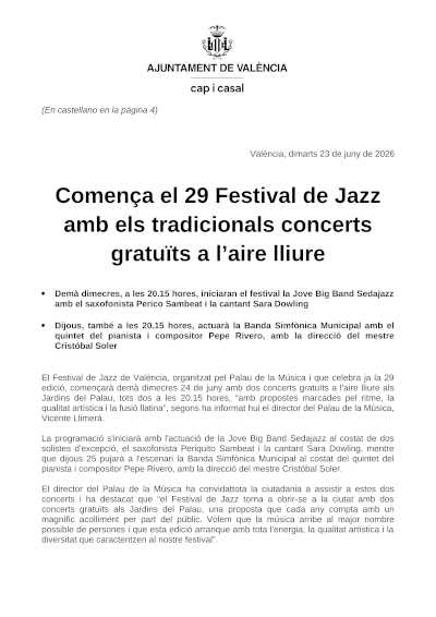 El Festival de Jazz de València 2026 comienza con conciertos gratuitos al aire libre El Festival de Jazz de València 2026 comienza con conciertos gratuitos al aire libre