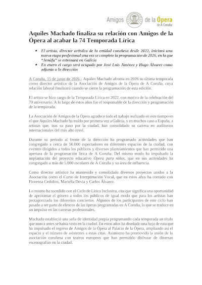 Aquiles Machado dejará Amigos de la Ópera de A Coruña al final de 2026 Aquiles Machado dejará Amigos de la Ópera de A Coruña al final de 2026
