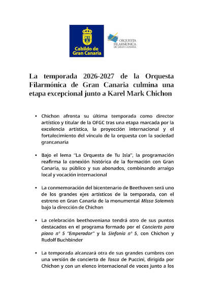 La Orquesta Filarmónica de Gran Canaria presenta la temporada 2026-2027, última de Karel Mark Chichon La Orquesta Filarmónica de Gran Canaria presenta la temporada 2026-2027, última de Karel Mark Chichon