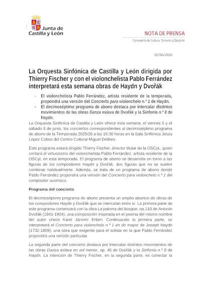 La OSCyL y Pablo Ferrández interpretan obras de Haydn y Dvořák bajo la dirección de Thierry Fischer