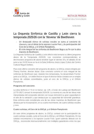La OSCyL cierra la temporada con la Novena de Beethoven La OSCyL cierra la temporada con la Novena de Beethoven