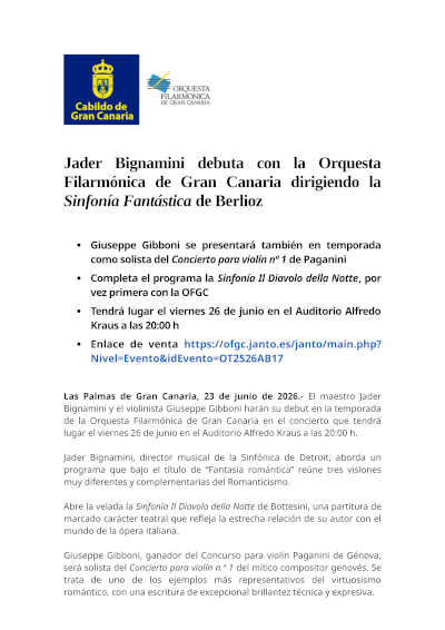 Jader Bignamini debuta con la OFGC junto a Giuseppe Gibboni y la Sinfonía fantástica de Berlioz Jader Bignamini debuta con la OFGC junto a Giuseppe Gibboni y la Sinfonía fantástica de Berlioz