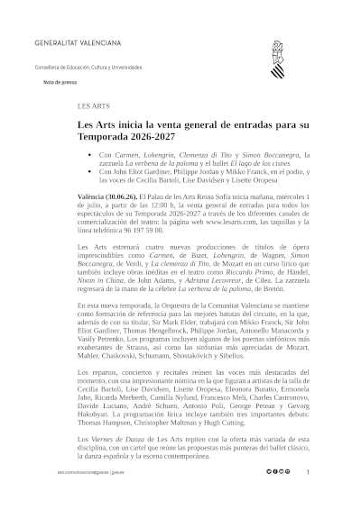 Les Arts pone a la venta las entradas de una temporada con Bartoli, Oropesa y Gardiner