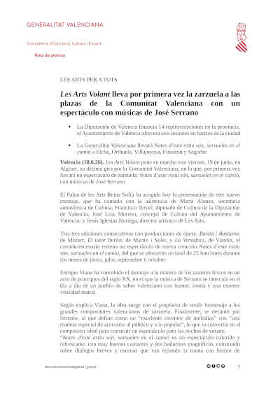 Les Arts Volant 2026: zarzuela en la Comunitat Valenciana