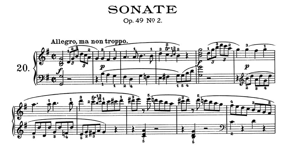 ¿Qué significa «opus» en música clásica? Partitura de la Sonata para piano n.º 20, Op. 49 n.º 2, de Beethoven.