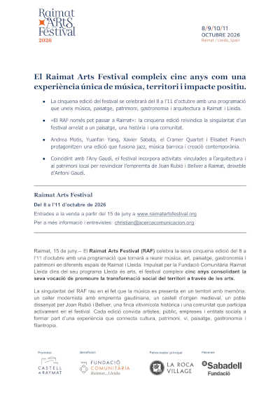 Raimat Arts Festival presenta su quinta edición con Andrea Motis, Xavier Sabata y Yuanfan Yang Raimat Arts Festival presenta su quinta edición con Andrea Motis, Xavier Sabata y Yuanfan Yang