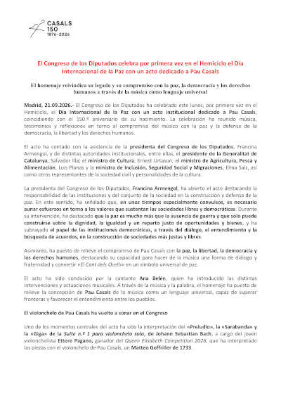 El Congreso homenajea a Pau Casals y Casals 150 continúa en Madrid