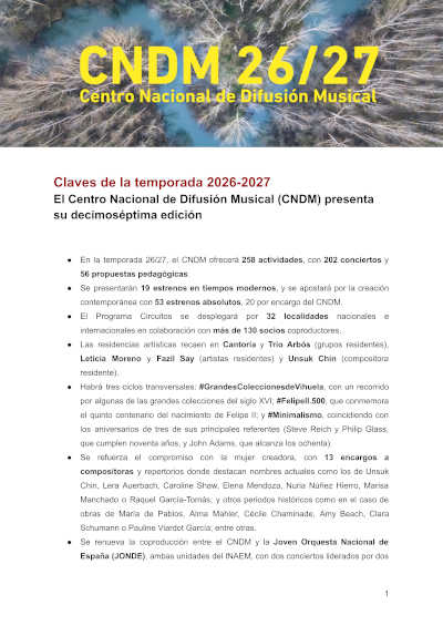 El CNDM presenta su temporada 2026-2027 con 258 actividades, 53 estrenos absolutos y nuevos ciclos en Madrid El CNDM presenta su temporada 2026-2027 con 258 actividades, 53 estrenos absolutos y nuevos ciclos en Madrid