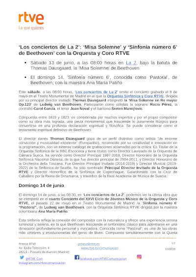 «Los conciertos de La 2» con la Missa solemnis y la «Pastoral» de Beethoven «Los conciertos de La 2» con la Missa solemnis y la «Pastoral» de Beethoven