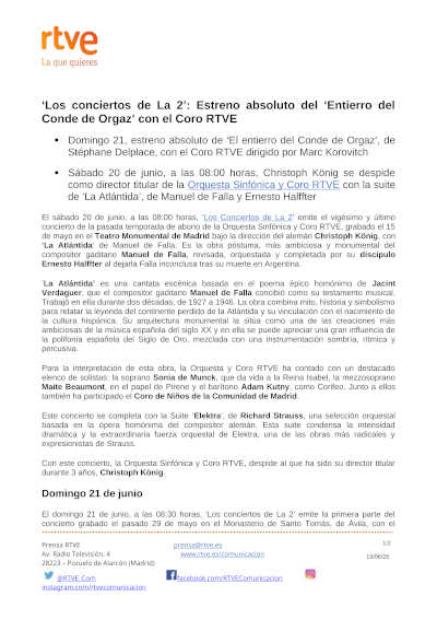 «Los conciertos de La 2» con La Atlántida y el estreno de El entierro del Conde de Orgaz