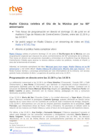 Radio Clásica celebra el Día Europeo de la Música por su 60.º aniversario Radio Clásica celebra el Día Europeo de la Música por su 60.º aniversario