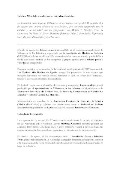 Infantesmúsica 2026 reunirá a Moisés P. Sánchez, Camerata Da Vinci y Javier Elorrieta Infantesmúsica 2026 reunirá a Moisés P. Sánchez, Camerata Da Vinci y Javier Elorrieta
