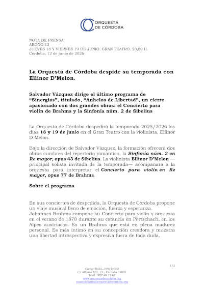 La Orquesta de Córdoba cierra temporada con Ellinor D’Melon La Orquesta de Córdoba cierra temporada con Ellinor D’Melon