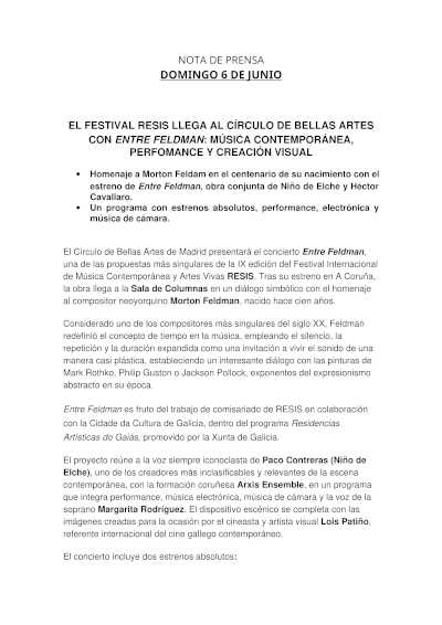 El Festival RESIS lleva Entre Feldman al Círculo de Bellas Artes con Niño de Elche y Arxis Ensemble El Festival RESIS lleva Entre Feldman al Círculo de Bellas Artes con Niño de Elche y Arxis Ensemble