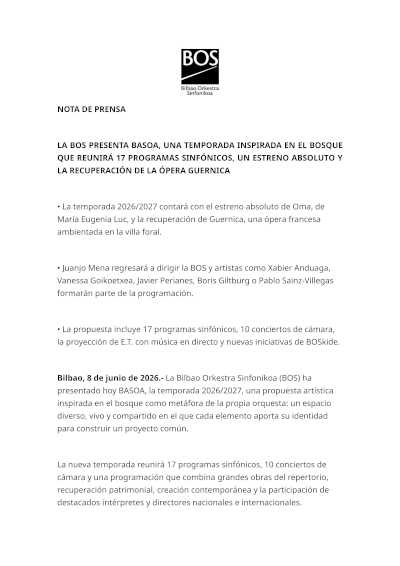 La Bilbao Orkestra Sinfonikoa presenta BASOA, su temporada 2026/2027 La Bilbao Orkestra Sinfonikoa presenta BASOA, su temporada 2026/2027
