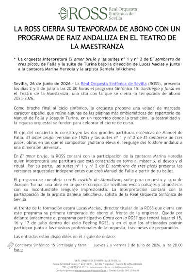 La ROSS cierra temporada con Falla y Turina en Sevilla