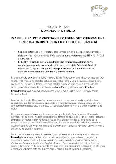 Isabelle Faust y Kristian Bezuidenhout cierran el ciclo Círculo de Cámara en Madrid Isabelle Faust y Kristian Bezuidenhout cierran el ciclo Círculo de Cámara en Madrid
