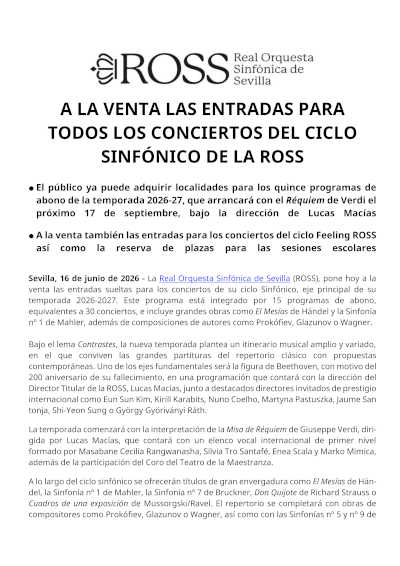 La ROSS pone a la venta las entradas de su ciclo sinfónico 2026-2027 La ROSS pone a la venta las entradas de su ciclo sinfónico 2026-2027