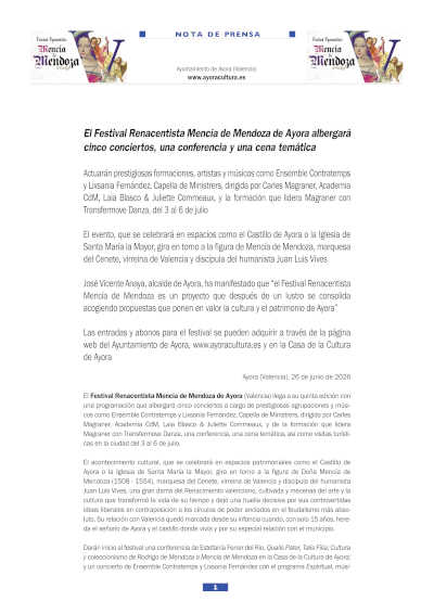 El Festival Renacentista Mencía de Mendoza vuelve a Ayora