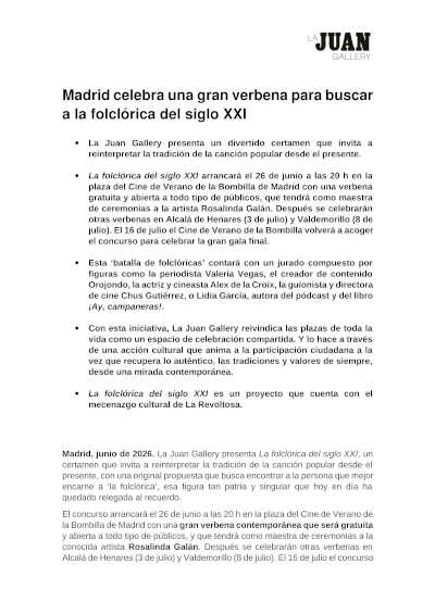 La Juan Gallery presenta el certamen “La folclórica del siglo XXI” en Madrid
