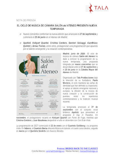 Salón del Ateneo presenta su temporada 2026-2027 con música de cámara en Madrid