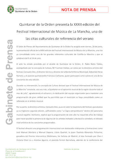 Quintanar de la Orden presenta el XXXII Festival Internacional de Música de La Mancha