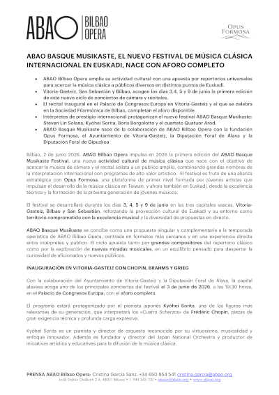 ABAO Basque Musikaste nace con aforo completo y reúne a grandes figuras internacionales en Euskadi