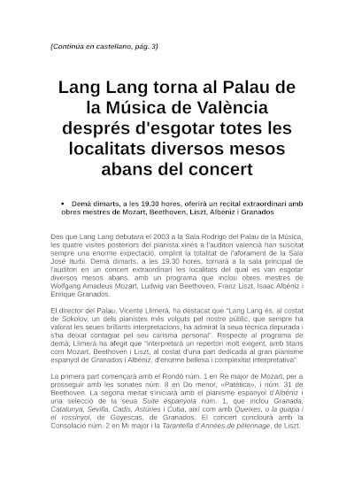 Lang Lang vuelve al Palau de la Música de València con Mozart, Beethoven, Liszt, Albéniz y Granados Lang Lang vuelve al Palau de la Música de València con Mozart, Beethoven, Liszt, Albéniz y Granados