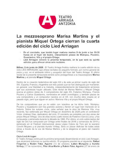 Marisa Martins y Miquel Ortega cierran el ciclo Lied Arriagan del Teatro Arriaga Marisa Martins y Miquel Ortega cierran el ciclo Lied Arriagan del Teatro Arriaga