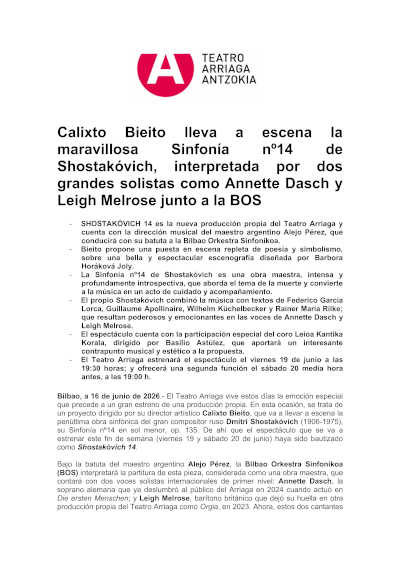 La BOS interpreta la Sinfonía n.º 14 de Shostakóvich en el Teatro Arriaga La BOS interpreta la Sinfonía n.º 14 de Shostakóvich en el Teatro Arriaga