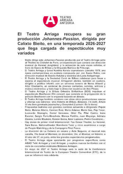 El Teatro Arriaga presenta su temporada 2026-2027 con la recuperación de Johannes-Passion y una amplia oferta escénica