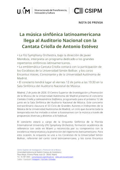 Cantata Criolla de Antonio Estévez y Latinoamérica Sinfónica clausuran el Ciclo de la UAM en el Auditorio Nacional Cantata Criolla de Antonio Estévez y Latinoamérica Sinfónica clausuran el Ciclo de la UAM en el Auditorio Nacional