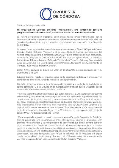 La Orquesta de Córdoba presenta Transversal, su temporada 2026/2027 La Orquesta de Córdoba presenta Transversal, su temporada 2026/2027