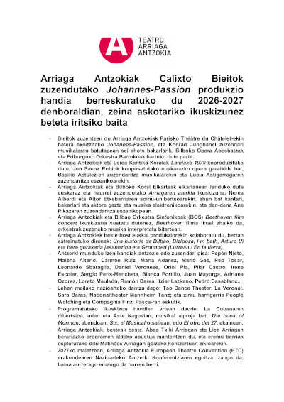 El Teatro Arriaga presenta su temporada 2026-2027 con la recuperación de Johannes-Passion y una amplia oferta escénica