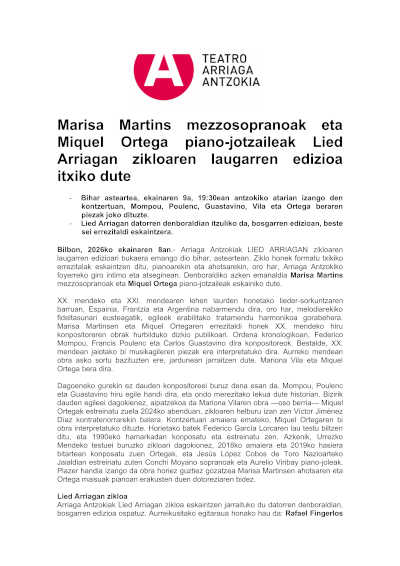 Marisa Martins y Miquel Ortega cierran el ciclo Lied Arriagan del Teatro Arriaga Marisa Martins y Miquel Ortega cierran el ciclo Lied Arriagan del Teatro Arriaga