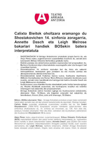 La BOS interpreta la Sinfonía n.º 14 de Shostakóvich en el Teatro Arriaga La BOS interpreta la Sinfonía n.º 14 de Shostakóvich en el Teatro Arriaga