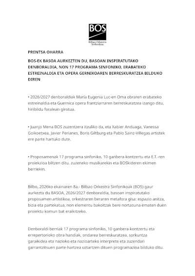 La Bilbao Orkestra Sinfonikoa presenta BASOA, su temporada 2026/2027 La Bilbao Orkestra Sinfonikoa presenta BASOA, su temporada 2026/2027