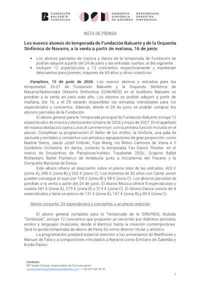 Fundación Baluarte y la OSN abren la venta de abonos 2026/27 Fundación Baluarte y la OSN abren la venta de abonos 2026/27